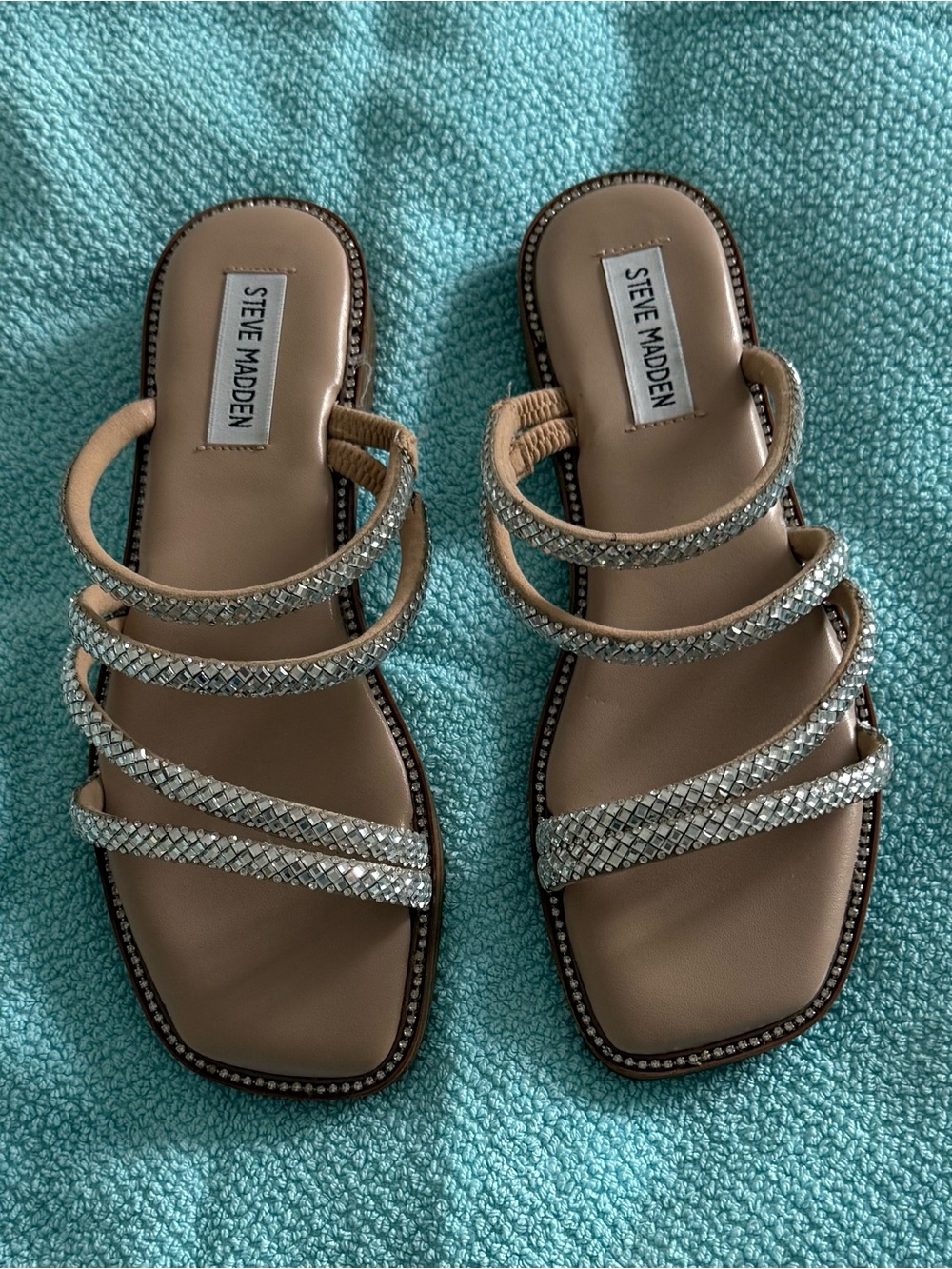 Steve Madden Nude/Tan Slide Sandals with Crystal Straps